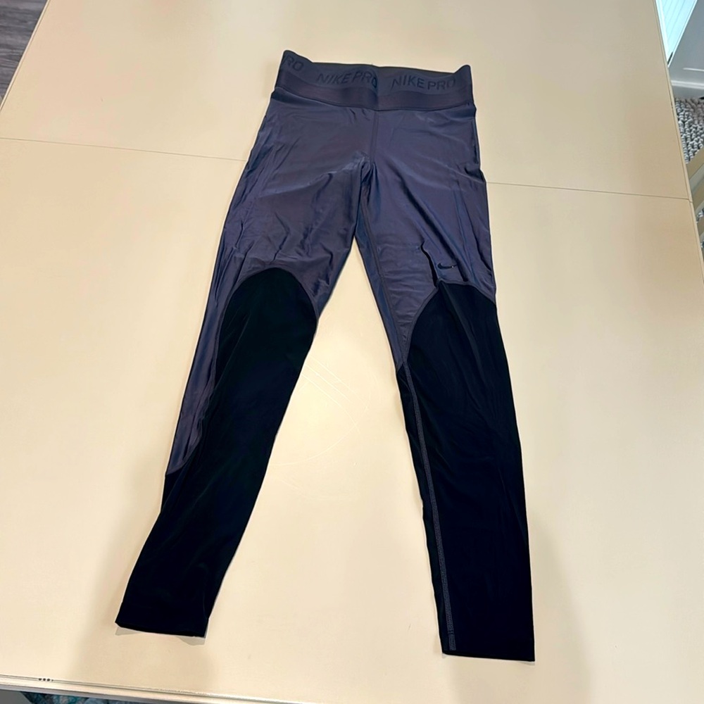 Nike Pro Hyper Cool workout pants. Dark bluish/gray and black. Medium